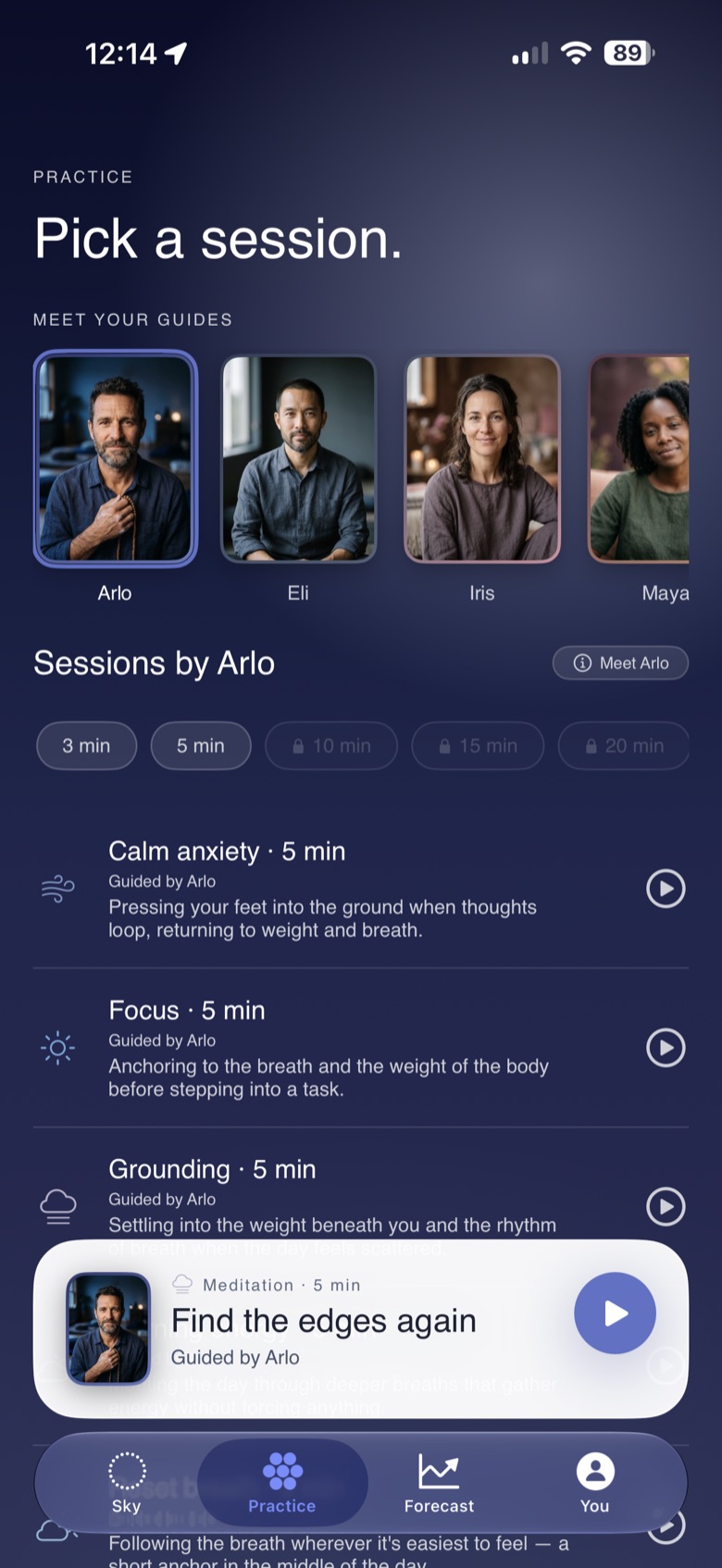Rainfall's Practice tab — pick a session, with the guide roster